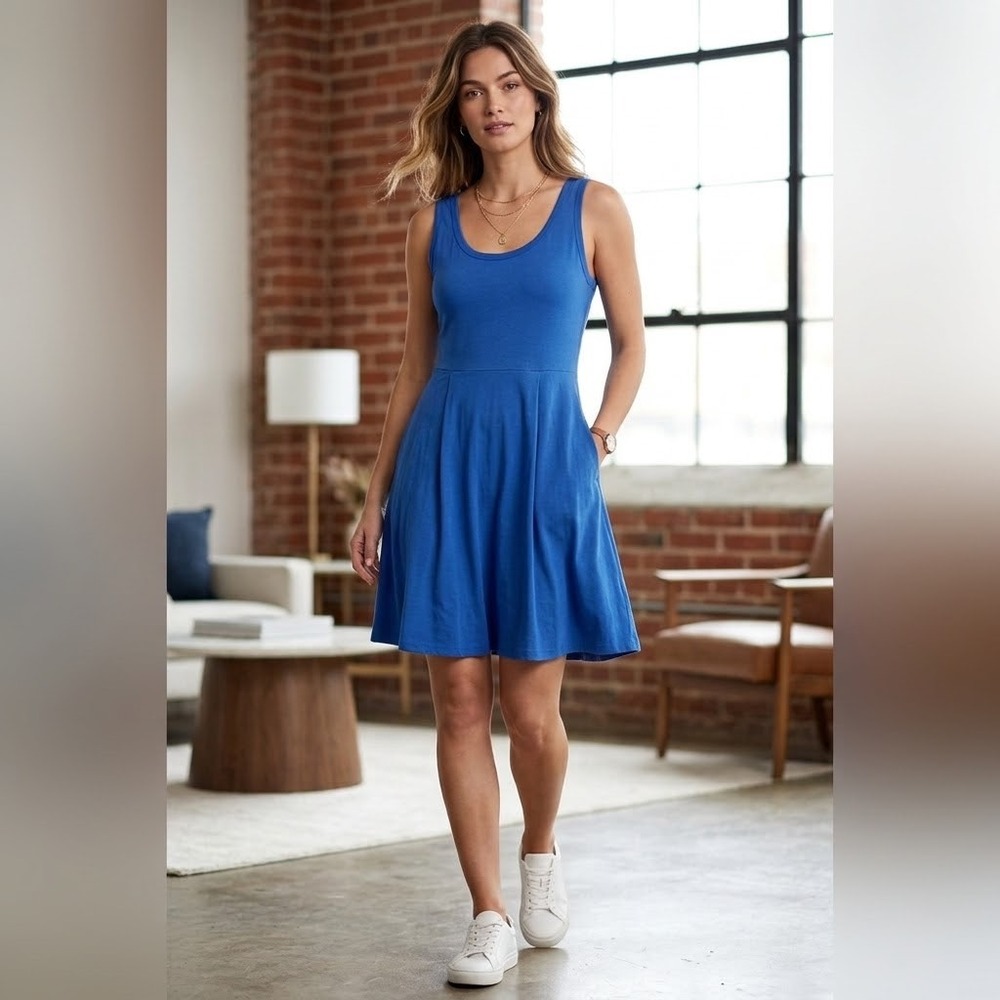 Herou Women's Sleeveless Skater Dress Blue Scoop Neck Cotton Stretch Fit Flare L